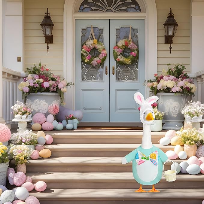 Spring Easter Egg Goose Outfit Lawn Porch Goose Clothes with Basket Goose Outfit for 23" Goose Spring Easter's Day Outdoor Patio Yard Lawn Art Decoration