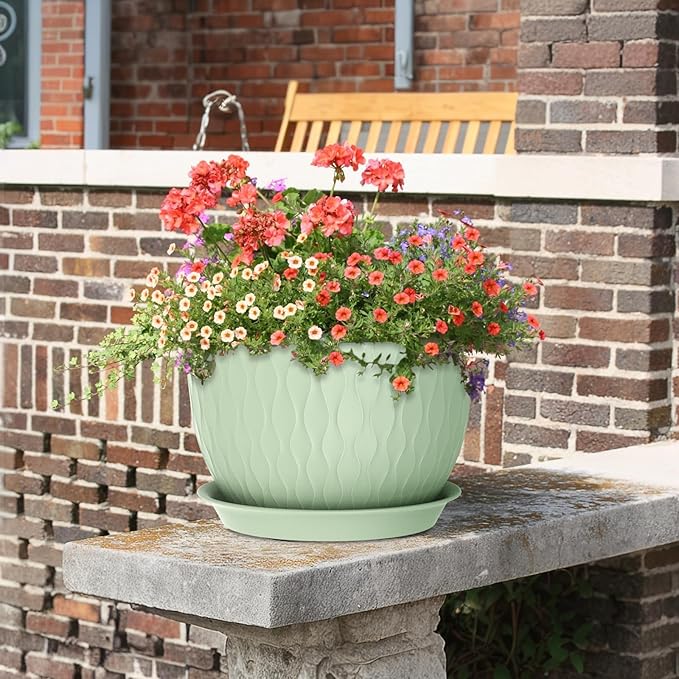 Large Flower Pots 12/10/9 inch, 3 Set Wide Plant Pots for Outdoor Indoor Plants with Water Ripples, Big Plastic Planters with Drainage Holes and Saucers for Garden House Plants, Green