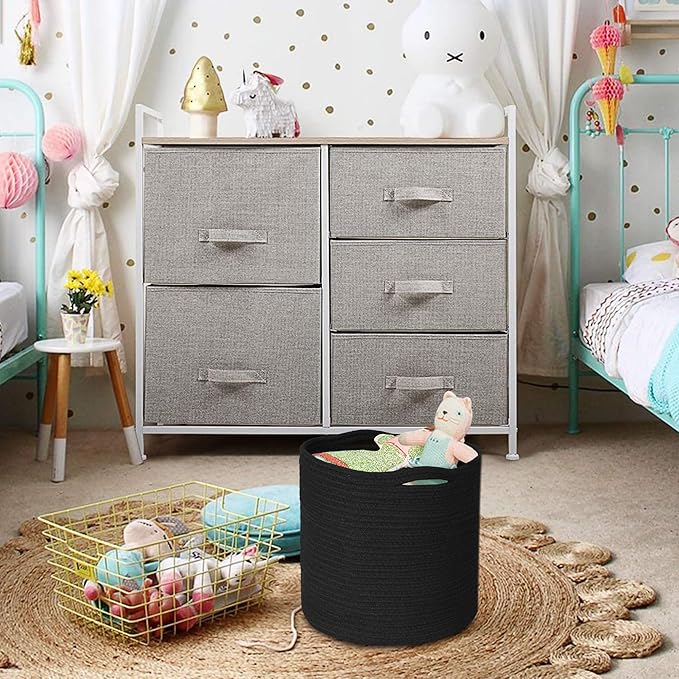 Cotton Rope Plant Basket, Woven Basket Planter for 10 inch Pot, Round Indoor Tree Pot Cover, Small Storage Bin Organizer, Modern Basket for Plants and Home Decor, 11”X11”, Black