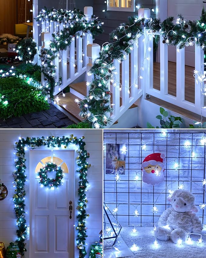 Brightown Solar Christmas Snowflake String Lights, 72FT 200 LED Outdoor Waterproof Fairy Lights with 8 Lighting Modes for Wedding, Party, Tree, Room, Garden, Patio, Yard, Home, Pure White