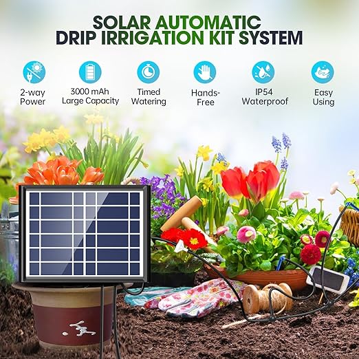 Drip Irrigation Kit - Skycow Solar Drip Irrigation System 10 Potted Indoor Outdoor Garden Balcony Anti-Siphoning Automatic Plant Watering System Multi-Timing Mode 3000mAh Battery Digital Screen 32FT