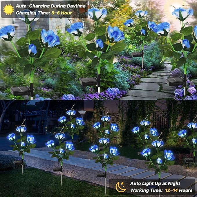 Solar Garden Lights Outdoor, 6 Pack Solar Flower Lights Outdoor Waterproof with 24 Rose, 2 Modes Realistic Rose Flower for Yard, Pathway, Garden Decor & Gardening Gift