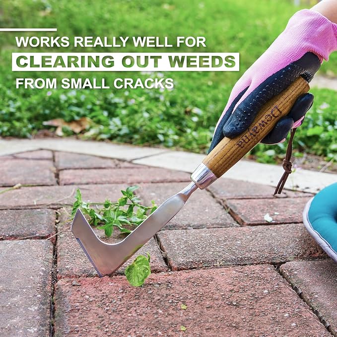 Crack Weeder, L-Shaped Stainless Steel Crevice Weeding Tool, Comfortable Grip Wood Handle Paver Weeder, 11'' Sidewalk Weed Removal Tool for Garden Lawn, Bricked Patio and Terrace Paving Moss