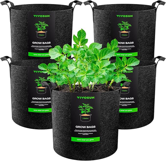 VIVOSUN 5-Pack 3 Gallon Plant Grow Bags Heavy Duty Thickened Nonwoven Fabric Pots with Handles