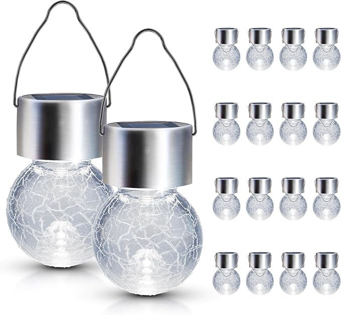 GIGALUMI 16 Pack Solar Outdoor Lights, Solar Hanging Lights for Christmas Decoration-Cracked Glass Solar Lights Outdoor Waterproof for Garden, Yard, Fence, Tree(Cold White)