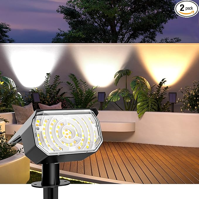 Solar Spot Lights Outdoor Waterproof IP67, 6 Lighting Modes 60 LED, Landscape Spotlights for Tree Yard Garden House Driveway Pathway（2 Pack）