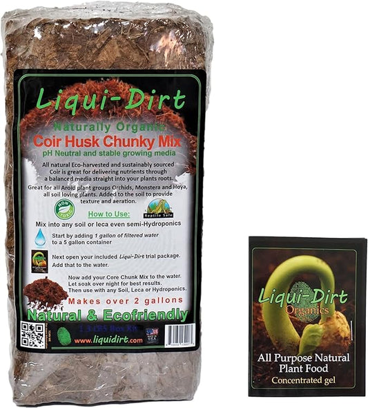 Liqui-Dirt Coconut Coco Coir Husk Chunky Mix for All Plants 1.3 lb - Plus Bonus Liqui-Dirt Starter Concentrate Gel Packet with All The Food They Need - Hydrates Approx 2 Gallons