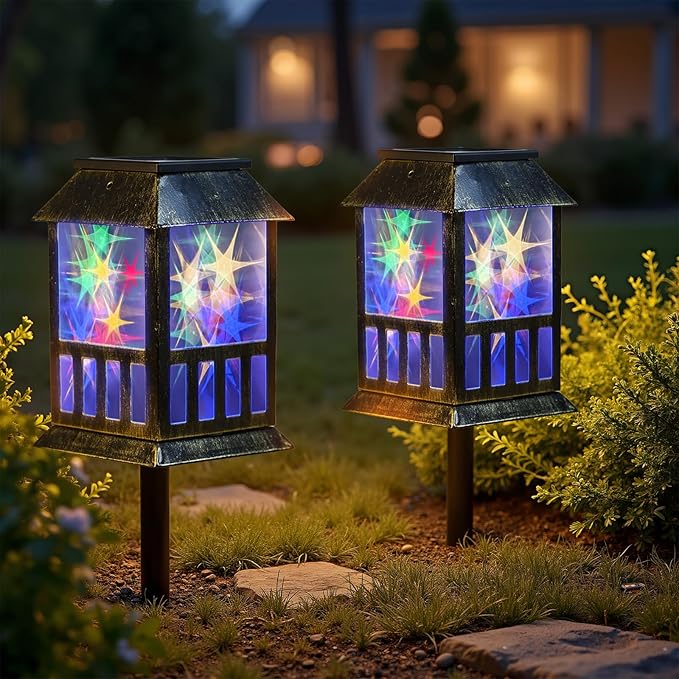 Solar Lanterns Outdoor Waterproof, Pathway Lights Hanging Lights with 3D Lighting Effects, Solar & USB C Charging, Metal Garden Decor Lights for Landscape Yard Patio Lawn Driveway, RGB Light 1 Pack