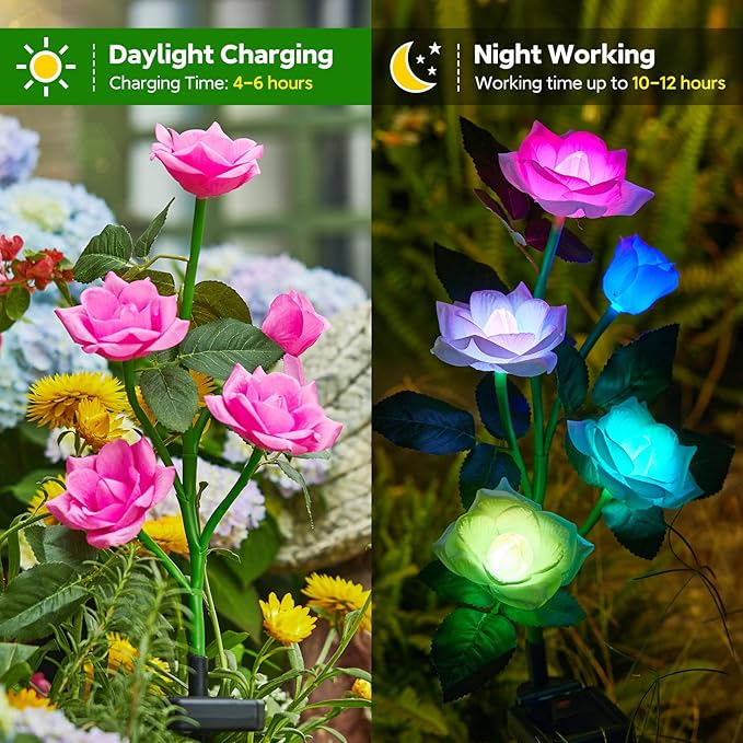 RECHOO Solar Garden Lights - 6 Pack Upgraded Garden Decor with 30 Rose Flowers, 7 Color Changing Waterproof Solar Flowers for Outside Yard Pathway Decoration