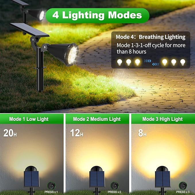 Solar Spot Lights Outdoor Waterproof 180° Adjustable Solar Powered Landscape Lights for Yard 4 Lighting Modes Solar Spotlights for Pathway Garden Outside Wall Pool Porch (6 Pack, Warm White)
