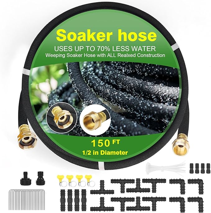 Soaker Hose with Solid Brass Connectors 150 FT for Garden Beds 1/2 Inch Rubber Longer Lasting Drip Irrigation Save 70% of Water Various Accessories Great for Lawn and Yard