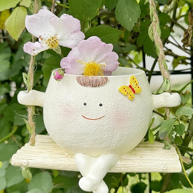 SUQ I OME Hanging Baby face Planter Pot with Butterfly Decorations,Indoor and Outdoor Resin Hanging Pot Decor