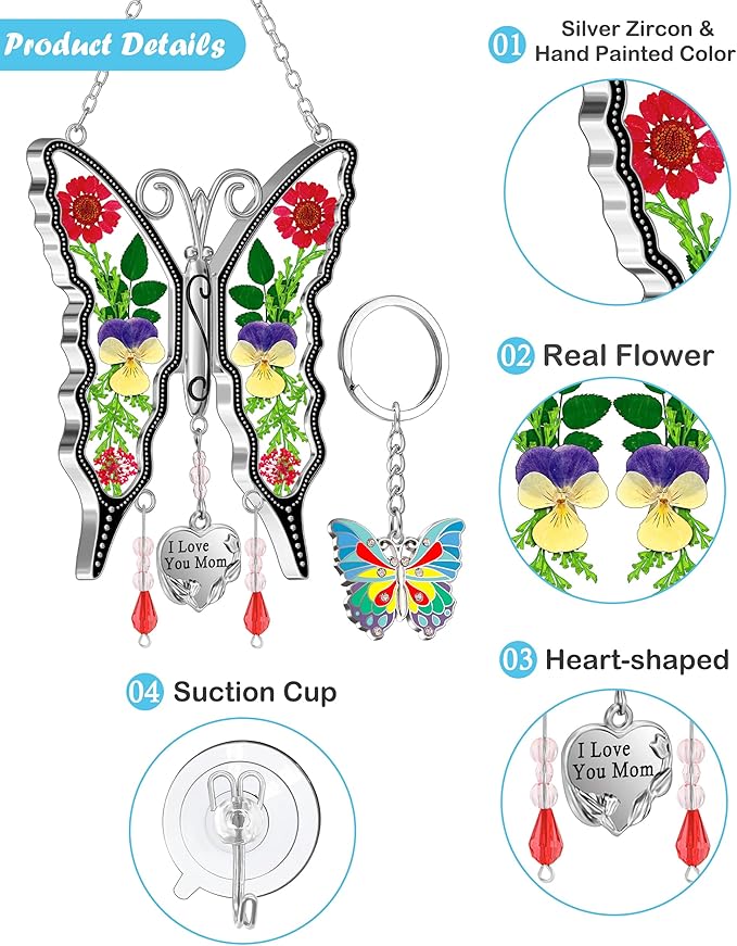 KY&BOSAM I Love You Mom Butterfly Suncatcher for Window Gift for Mom Pressed Flower Between Wings in Glass Metal Engraved Charm Gift for Women Mother's Day Valentine's Birthday Thanksgiving Christmas