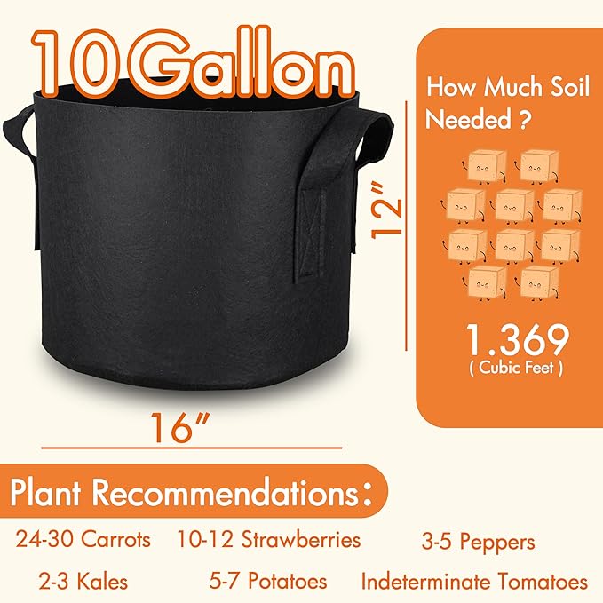Gardzen 6-Pack 10 Gallon Grow Bags, Aeration Fabric Pots with Handles, Heavy Duty Cloth Pots for Plants