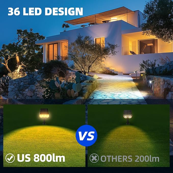 Barrina 36 LEDs Landscape Solar Spotlights, Solar Powered Dusk-to-Dawn Outdoor Garden Lights, 6500K & 2700K, 360° Horizontal Adjustable Spotlights for Garden Yard Patio Driveway Porch, 4 Packs