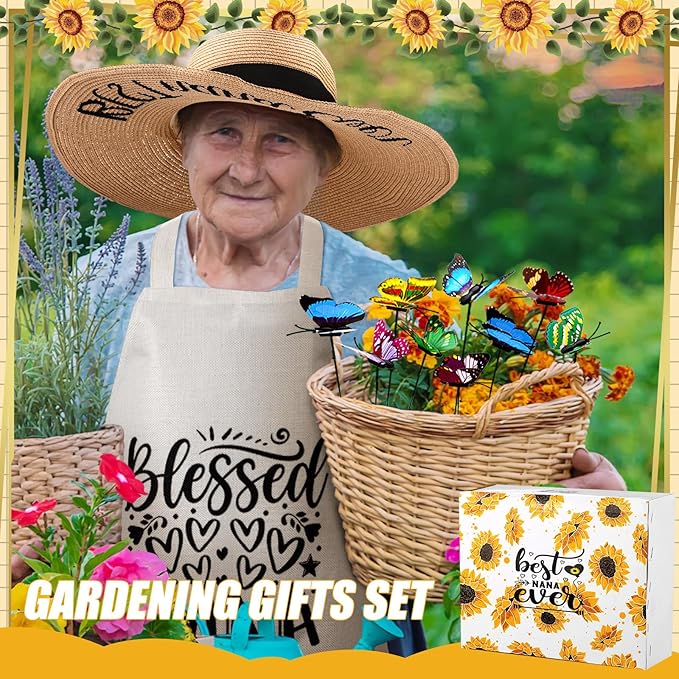 Lasnten 16 Pcs Gardening Tools Set Nana Gifts Birthday Gifts for Nana Grandma with Gloves Apron and Hat Tote Bag Insulation Cup Blessed Nana Ever Gifts Set for Plant Lover from Grandkids Grandson