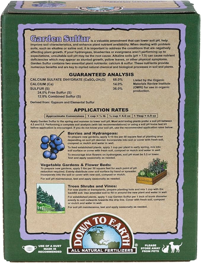 Down to Earth Garden Sulfur Soil Acidifier, 5 lb for Hydrangeas, Berries, Evergreens, Soil pH Adjuster