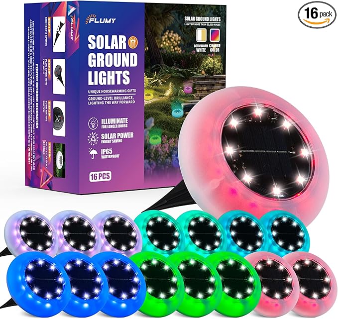 Flumy Solar Ground Lights,Outdoor Halloween Decorations,16 Pack Solar Lights Outdoor Waterproof, Color Changing Solar Garden Lights for Outside Patio Pathway Yard Lawn Driveway