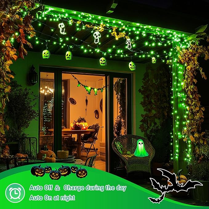 JMEXSUSS 2 Pack Green Solar Halloween Lights Each 66ft 200 LED Green Solar Lights Outdoor, 8 Modes Copper Wire Solar Fairy Lights for Garden Yard Patio Christmas Halloween Decorations