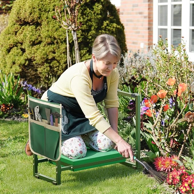 Garden Kneeler and Seat 10.2" Width, Garden Stool Load Cap 350 lbs, Garden Tools with Bags, Gardening for Women, Grandparents, Seniors, and Gardeners, Green JJ01GK02