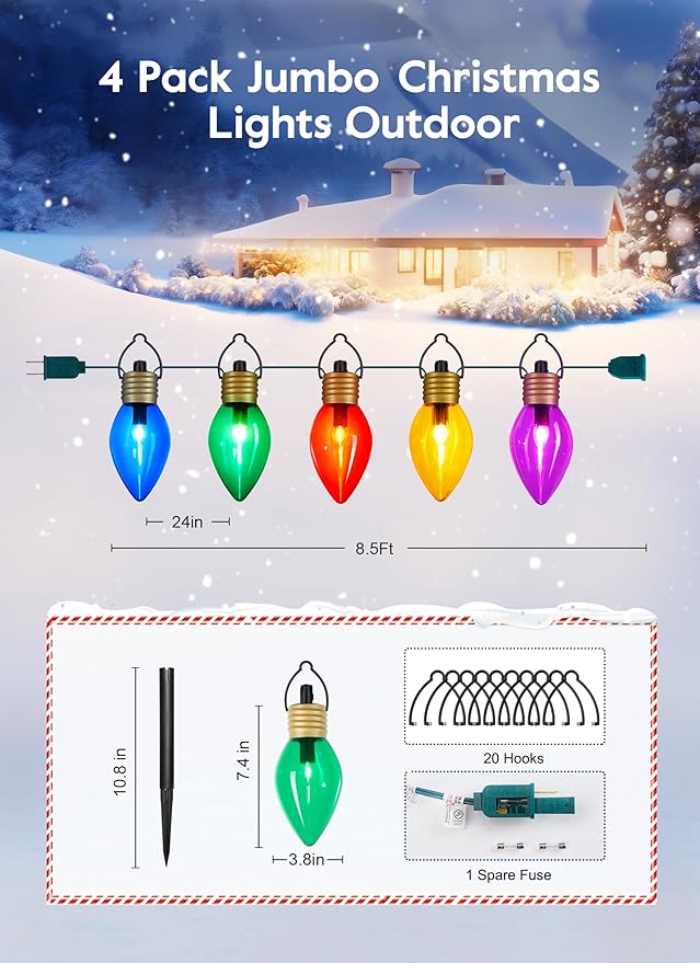 4 Pack Outdoor Christmas Decorations - Jumbo Xmas String Lights or Pathway Marker Lights - Large Multicolored Bulbs Hanging Lights Waterproof Lawn Decoration for Holiday Home Tree Roof Yard Garden