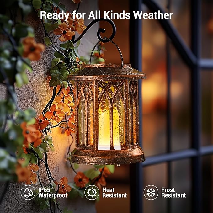 KOOPER 4 Pack Solar Lantern Outdoor Lights, Hanging Solar Lanterns Outdoor Decorative, Lanterns LED Flickering Flameless Candle Mission Lights for Yard Table Garden Decor