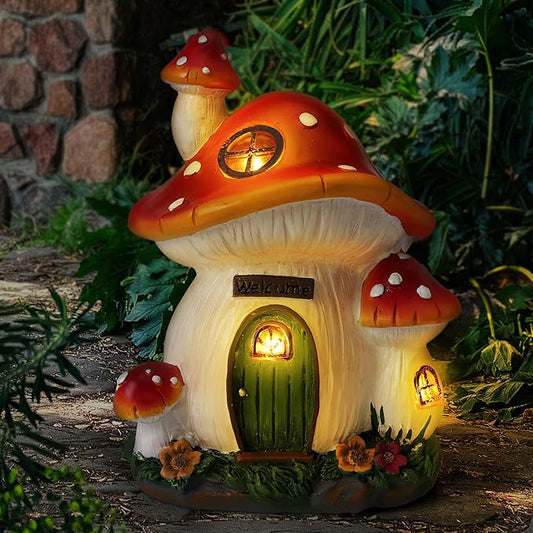 Mushroom House Garden Statue Outdoor, Solar Light Mushroom House Garden Figurines for Lawn, Balcony, Yard Decoration, Outdoor Garden Decoration