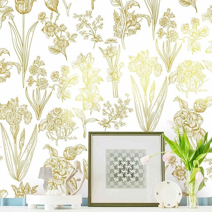 Dimoon 393"x17.3" Floral Wallpaper Peel and Stick Flowers Golden White Contact Paper Thicken Waterproof Modern Self Adhesive Plants Wallpaper Removable Wall Paper Shelf Vinyl Roll