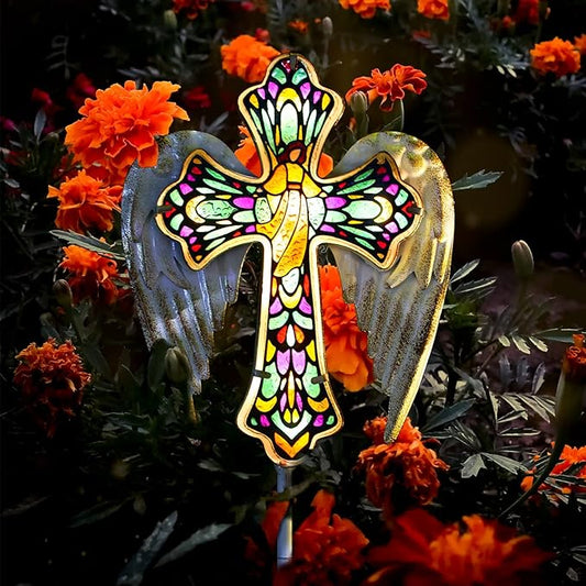 YJFWAL Solar Glass Cross Garden Stake Light, Cemetery Decorations for Grave Outdoor Lights, Jesus Cross Angel Wings Sympathy Memorial Gifts, for Easter Halloween Garden Lawn Yard Patio Decor