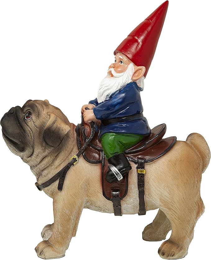 Funny Guy Mugs Garden Gnome Statue - Gnome Riding a Pug - Indoor/Outdoor Garden Gnome Sculpture for Patio, Yard or Lawn