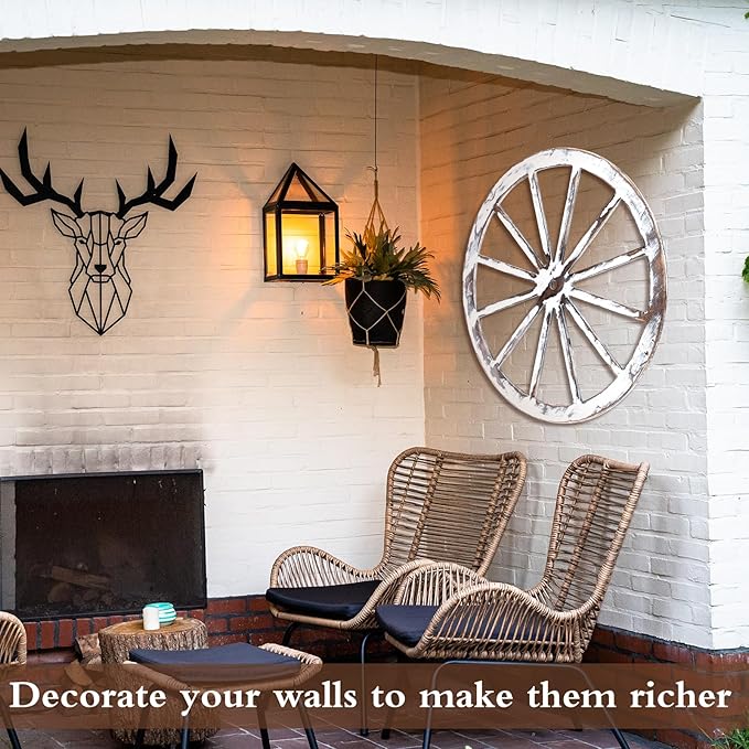 Wood Wagon Wheel Decorative Old Western Style Wagon Wheel Decor Vintage Rustic Wall Hanging Wood Cartwheel Decor for Garden Bar Patio Garage Farmhouse(30 Inch,White)