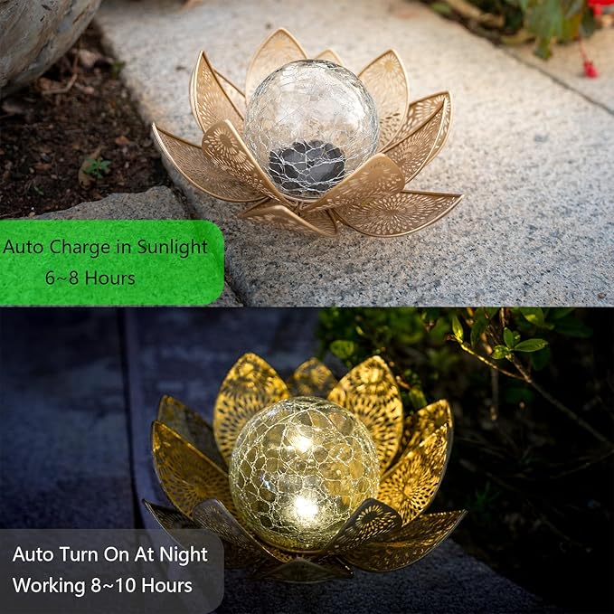 Solar Lights Outdoor Waterproof Lotus Flower Metal Yard Art Decoration Crackle Globe Glass Solar Lamp Garden Decor for Outside, Flowerbed Lawn Patio Porch Pathway Pond Decorations