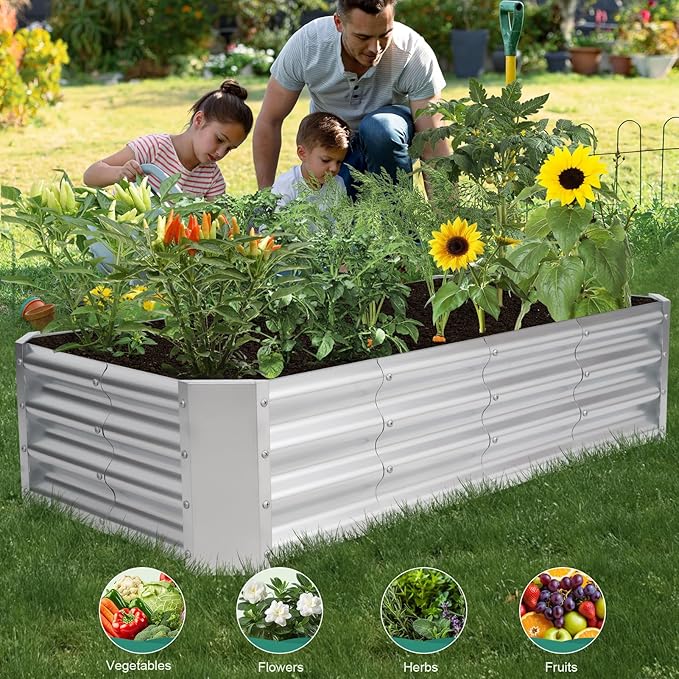 Galvanized Raised Garden Bed - 4x2x1ft Metal Garden Planter Box Outdoor | Steel Raised Bed Kit with Bracing Rods, Gloves for Gardening Vegetables Fruits and Flowers (Silver)