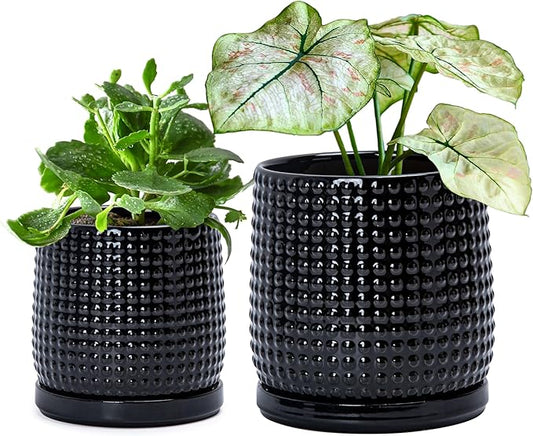 D'vine Dev 6 Inch 4 Inch Ceramic Indoor Planter Pots with Drainage Hole and Saucer, Beaded Design Flower Pots, Set of 2, Gloss Black, 27-D-U-2