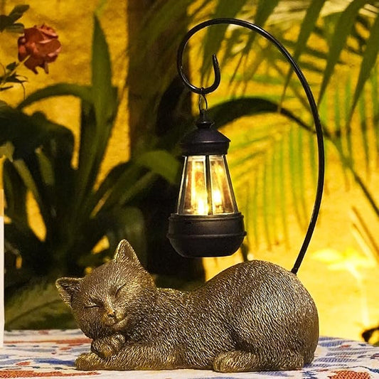 Solar Garden Statue Cat Figurine, 13 Inch Tall Garden Cat Statues Art with Solar Lantern, Loving Cat Statues for Patio, Balcony, Yard, Lawn and Porch, Unique Housewarming Gift for Garden Mom Grandma