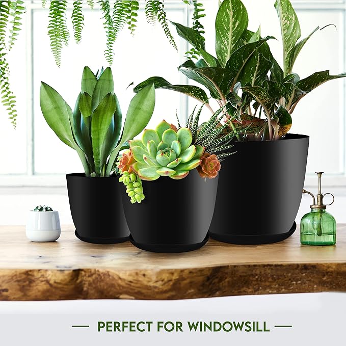 Utopia Home - Plant Pots Indoor with Drainage - 7/6.6/6/5.3/4.8 Inches Home Decor Flower Pots for Indoor Planter - Pack of 5 Plastic Planters for Indoor Plants, Cactus, Succulents Pot - Black