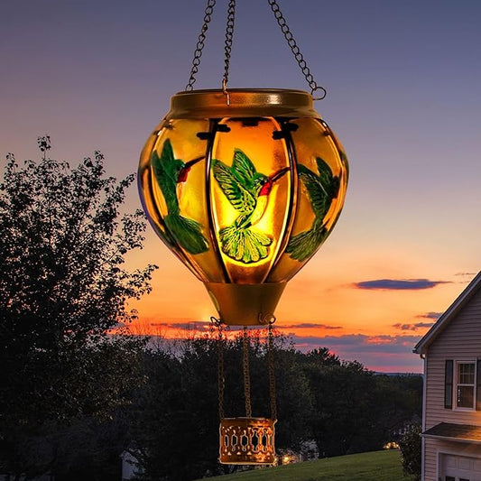 pearlstar Hot Air Balloon Solar Lantern with Flickering Flame Light Outdoor Solar Hanging Lights Waterproof for Garden Yard Farmhouse Patio Pathway Outside Decoration,Glass(Hummingbird)
