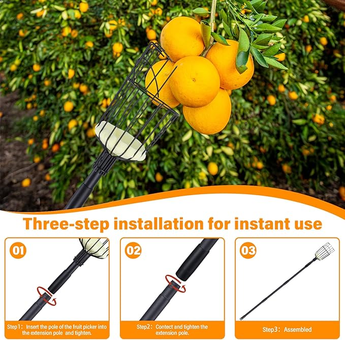 Fruit Picker Pole Tool with Basket, 7.3 FT (88 Inch) Adjustable Fruit Grabber Reacher Tool Long Handle Fruit Catcher for Apple Lemon Pear Citrus Mango Tree Gardening Supplies, Black