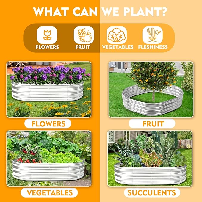 Durable-0.8MM Thick,Crimped Edge 5X2.7X1 FT Oval Galvanized Steel Raised Garden Bed/Galvanized Metal Planter Box for Planting in The Backyard/Garden(Silver, 60X32X12 Inches)