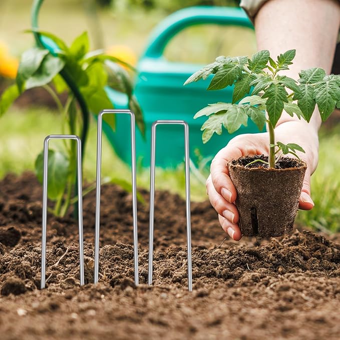 HongWay 100 Pack 6 Inch Landscape Staples Garden Stakes, Garden Staples 11 Gauge Galvanized U-Shaped Pins, Ground Fence Stakes Yard Lawn Staples for Securing Landscaping Fabric Irrigation Tubing