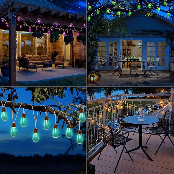 Colors Changing Solar String Lights Outdoor, 20Ft Vintage Rope Hemp Color Change Patio Lights, 16 Waterproof Shatterproof Bulbs Solar Light for Garden Yard Proch Wedding Party - Warm White & RGB