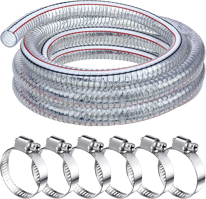 Frienda Heavy Duty Steel Wire Flexible Tubing with Fasteners PVC High Pressure Drain Hose Tube Pond Tubing Clear Wire Reinforced for Pond Bilge Pump Vacuum Suction Hose(10 Ft, 1.5 Inch Id)