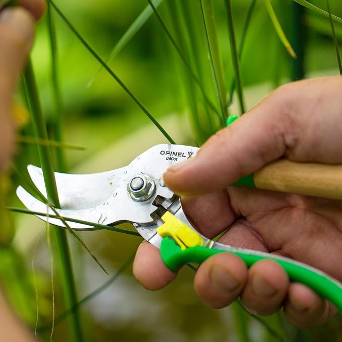 Opinel Hand Pruning Shears with non-slip beech wood handle perfect for bypass trimmers, garden, hedge, lawn clippers or hand scissors with stainless steel blade (Green)
