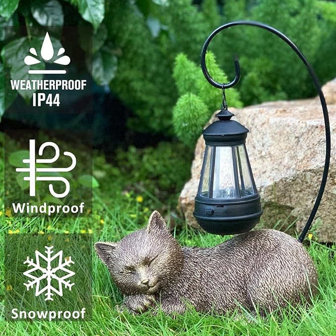 Resin Cat Statue with Solar Lantern, Eye-catching Garden Sculpture & Lawn Decor, 13" Height Outdoor Cat Figurine for Garden Yard Patio Porch Decorations, Cat Statues Outside Ornament
