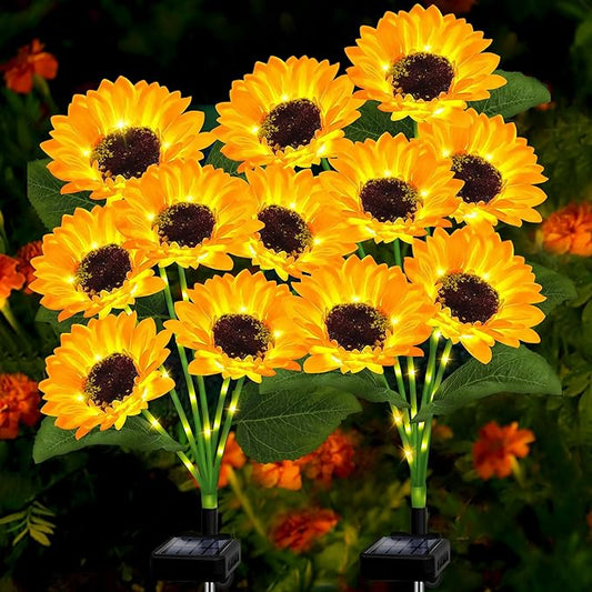 YJFWAL 2 Pack with 12 Solar Sunflower Lights Outdoor Decorative Lights for Garden Gift for Mom and Friends, IP65 Waterproof Sunflower Garden Stake Lights for Yard Patio Lawn Pathway