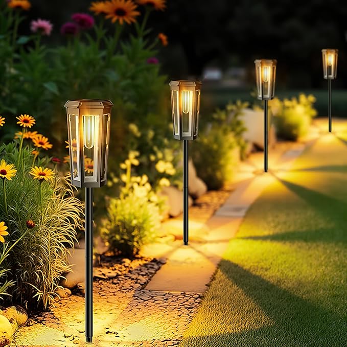 Solar Pathway Lights Outdoor, 6 Pack Garden Lighting, P65 Waterproof Solar Lights for Walkway, Driveway, Patio, Landscape- (Warm Light)