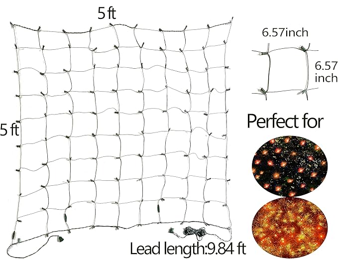 HISHINY Halloween Lights Outdoor,100LED 5ftx5ft Orange Net Lights with Connectable, Waterproof,UL Certified and Durable Green Wire Design for Bushes,Shrubs,Halloween Decorations Outdoor