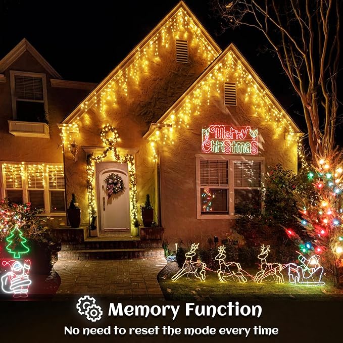 132ft Icicle Lights for Outside - 1280 LED Warm White Christmas Lights with 240 Twinkle Drops, 8 Modes Plug in Waterproof Timer Memory for Tree Wedding Party Window Patio Eave Yard Holiday Decoration