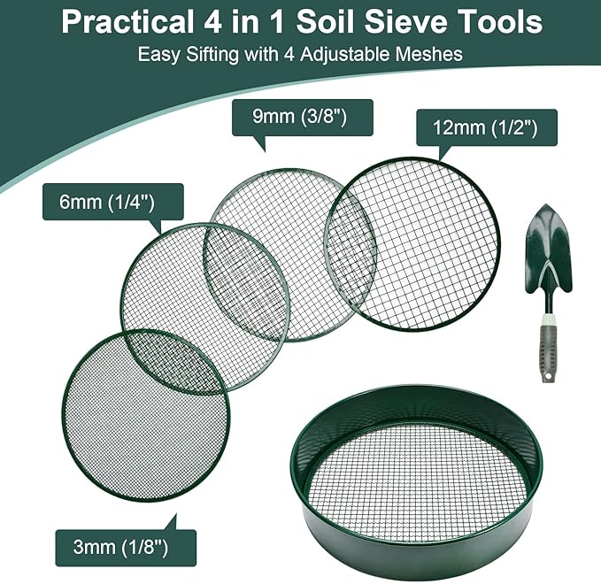 Garden Sieve, Soil Sieve with Interchangeable Mesh Sizes 3,6,9,12mm, Garden Riddle, Perfect Gardening Tool for Sifting Soil, Stones, and Compost
