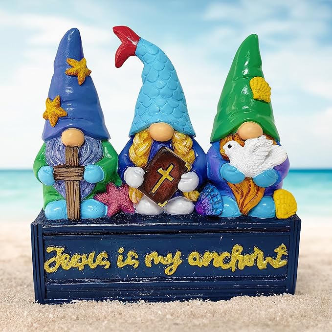 Spring & Summer-Themed Garden Statues – Adorable Outdoor Decor for Lawn, Patio & Porch (Nautical Themed Religious Gnome Figurine, Jesus is My Anchor 6" Beach House Statue)